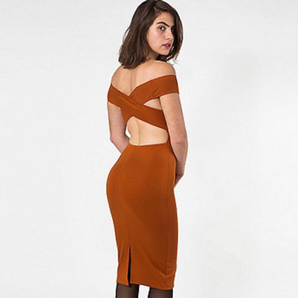 American Apparel Ponte Off-Shoulder Cross Back Dress - Burnt Orange - Medium